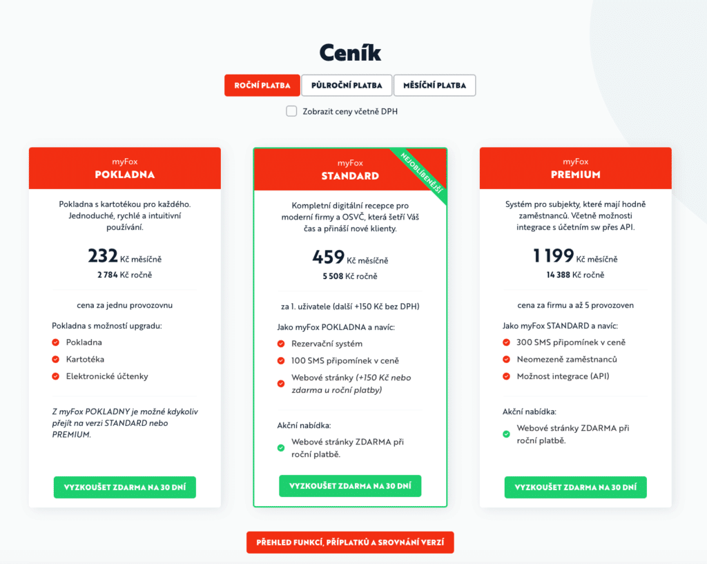 Rezervační systémy - ceník rezervační služby MyFox