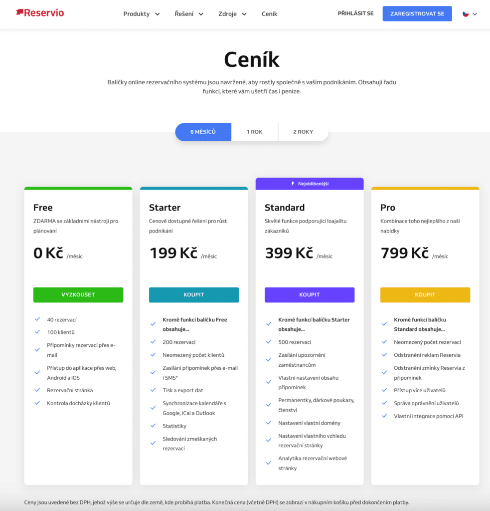 Rezervační systémy - ceník rezervační služby Reservio